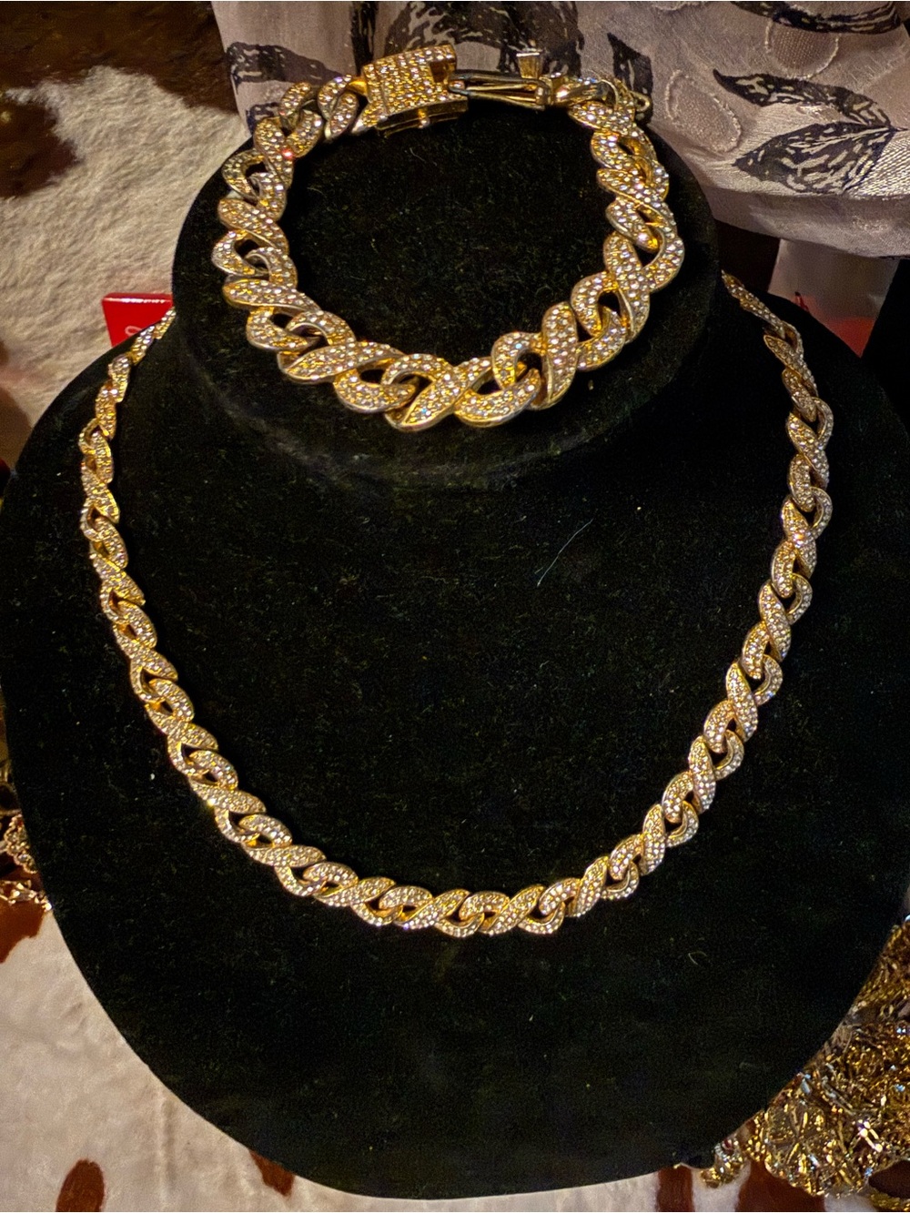 Source Unknown Stainless  and Pave Crystal Cuban Link Necklace and Bracelet Set